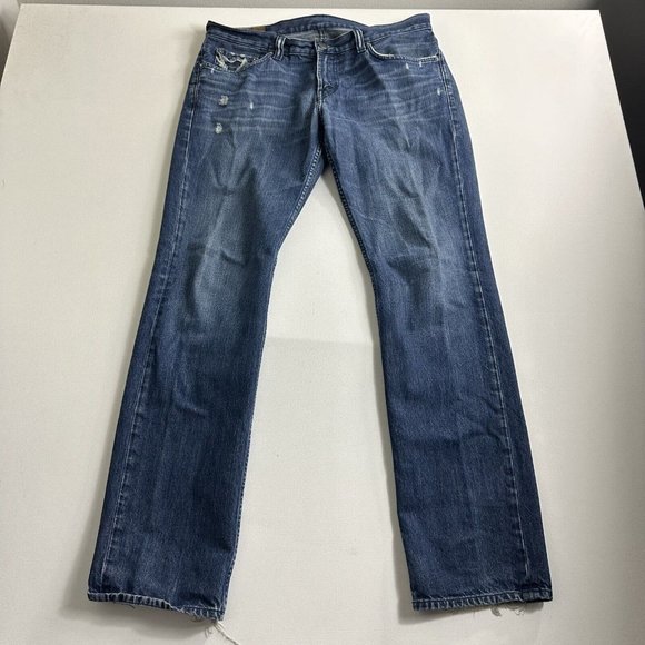 J Brand Kane Jeans Mens 34x32 Blue Denim Slim Straight Leg‎ Indigo Wash Distress - Picture 1 of 11
